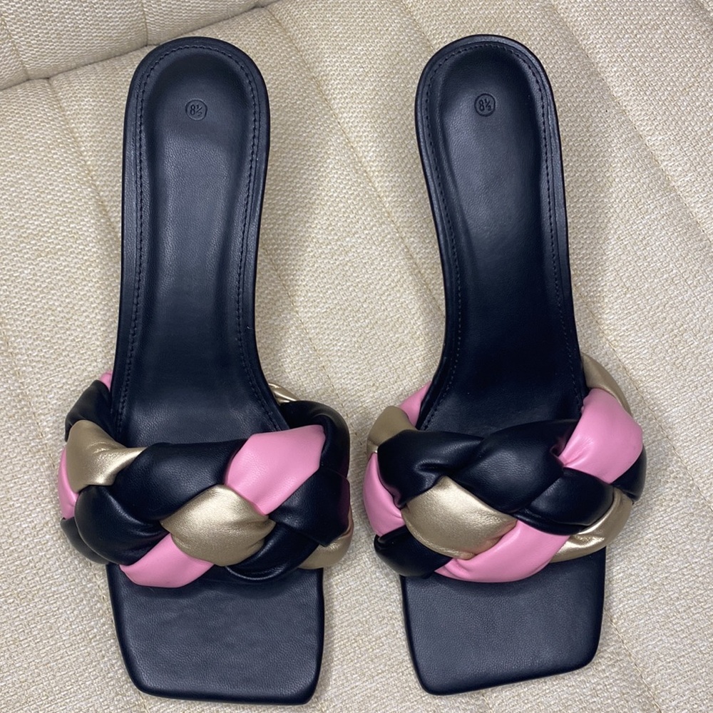 Pink Golden Black Braided Heels